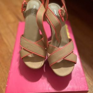 Tan with highlighter pink wedge heel